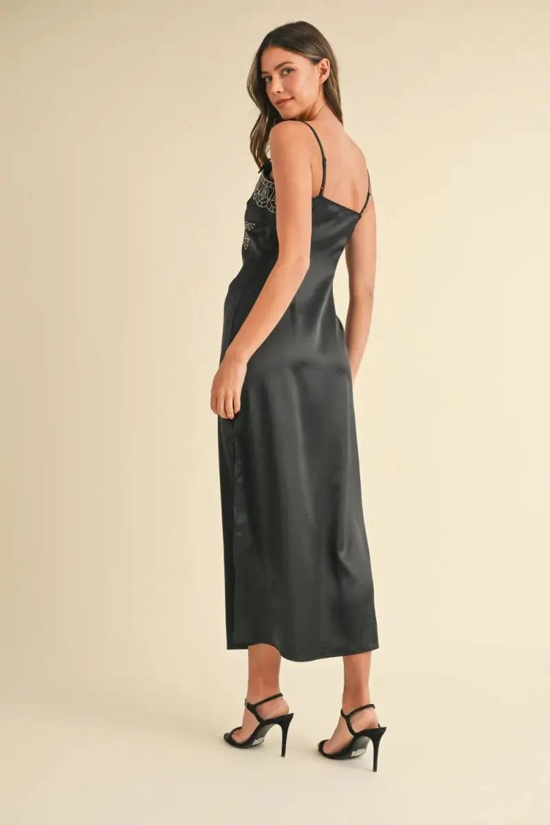 Mable Embroidered Cami Satin Midi Slit Dress for Elegance - Love Salve